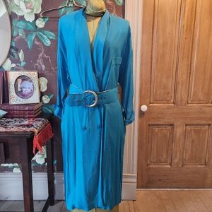 Vintage Fashion Dove Teal Rayon Belted Dress Long Sleeve Statement Dress, Size L